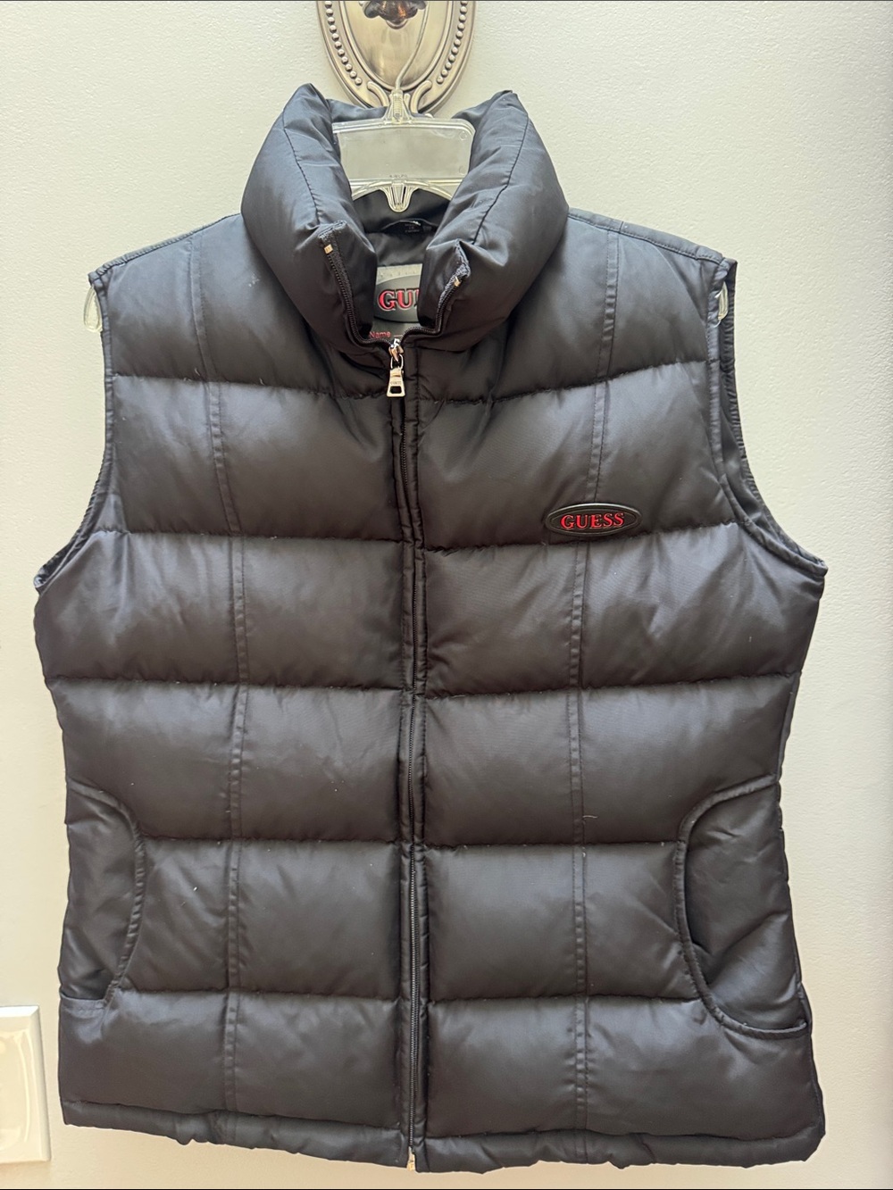 Vintage Guess Black Quilted Puffer Vest with Red Logo Patch